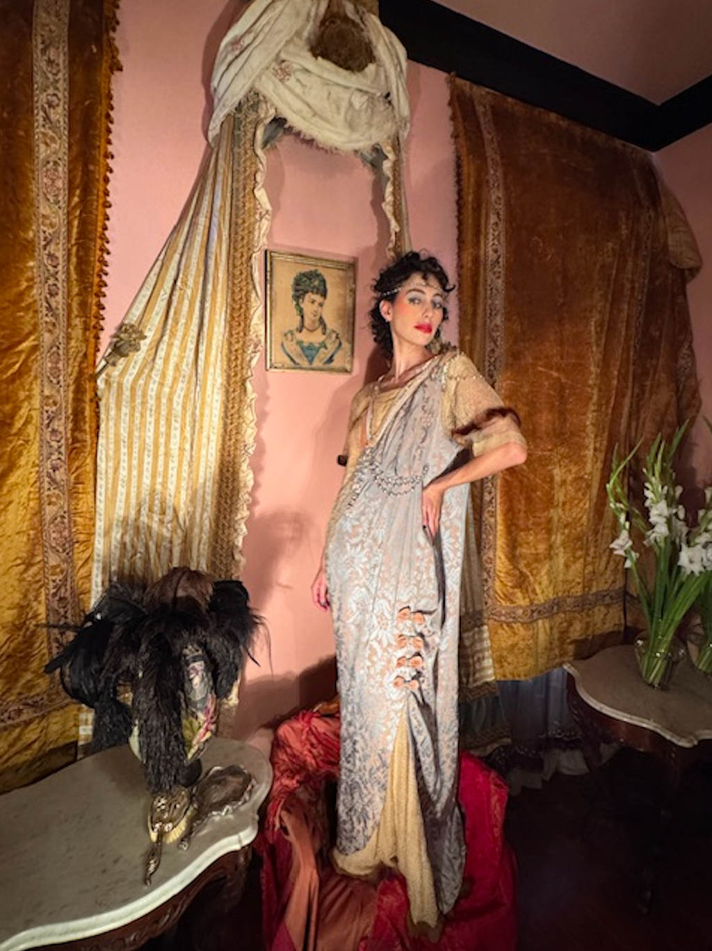 2 day Listing Edwardian Titanic Era Style Blue Silk Damask Fur Trim Tassel Bead Ball Gown VTG