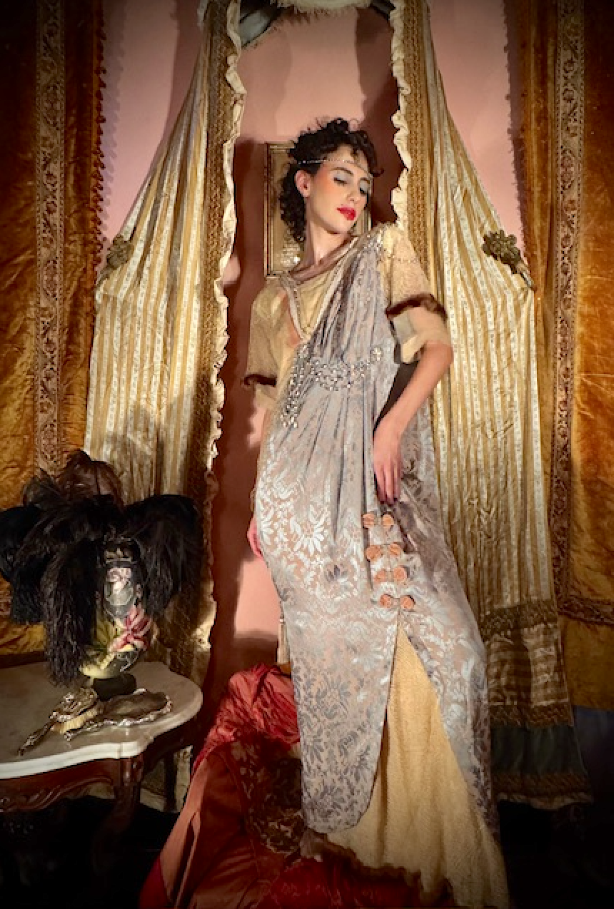 2 day Listing Edwardian Titanic Era Style Blue Silk Damask Fur Trim Tassel Bead Ball Gown VTG