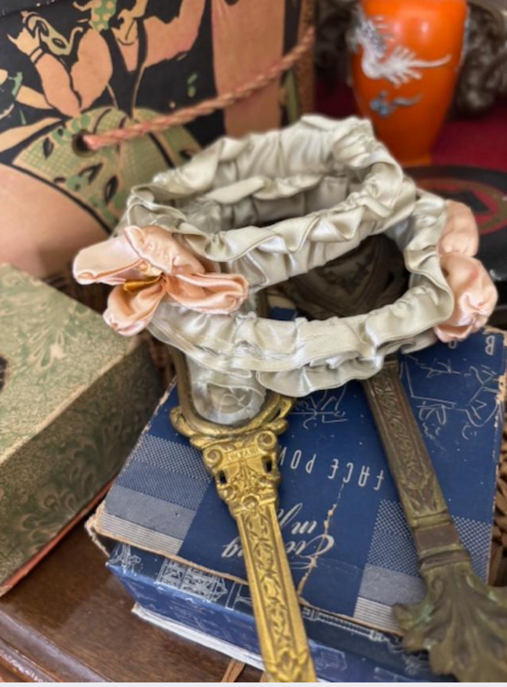 Pair Hard to Find Silk Ribbonwork Authentic 20's bangle from estate chest as found