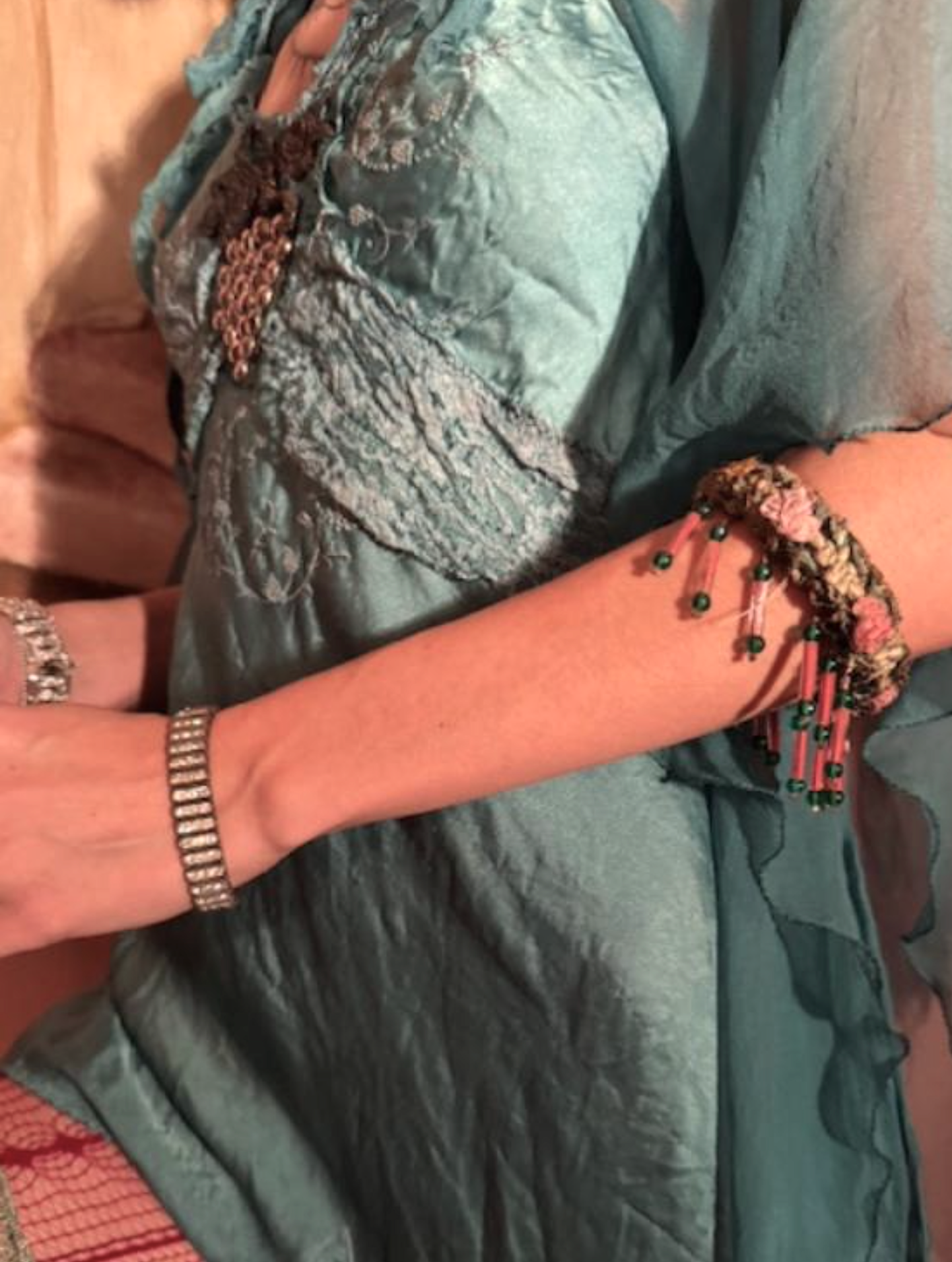 Czech Glass and Rosette Authentic Flapper Bracelet Size Small as found