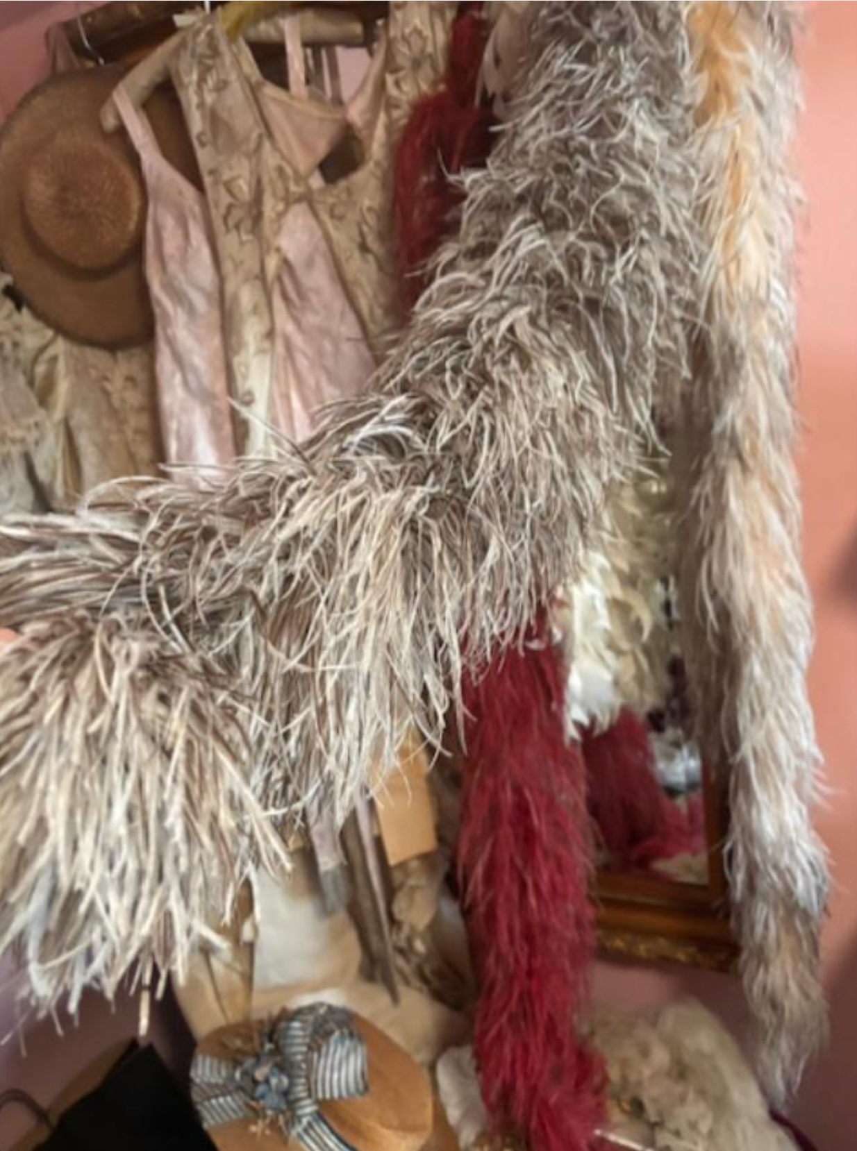 Authentic Ostrich Feather Taupe speckled white quite large very fluffy Edwardian