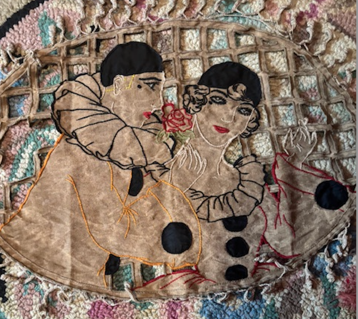 Antique 1920s or 1930s cushion top embroidered linen Pierrot and Colombine unusual
