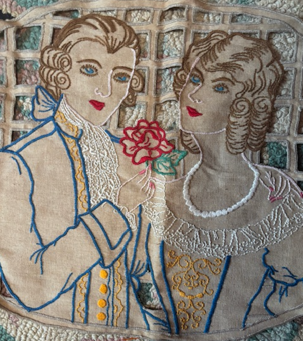 Antique 1920s or 1930s cushion top embroidered linen Nice!