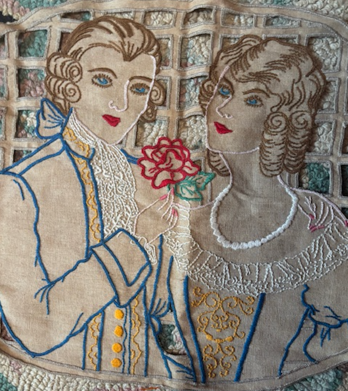 Antique 1920s or 1930s cushion top embroidered linen Nice!