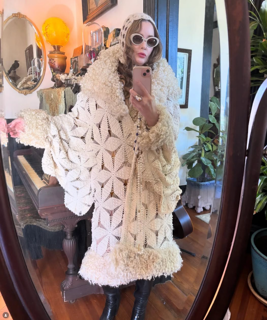Penny Lane meets the 20's Boudoir Queen Wrap Coat Cocoon Style with Crochet 20's Curly Lamb Detail