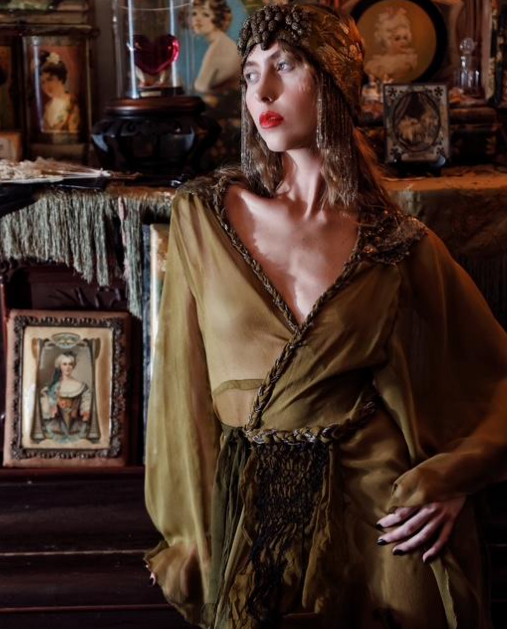 Olive Borden Angel Sleeve Dress with 30's Gel Sequin , Braids and Fringe