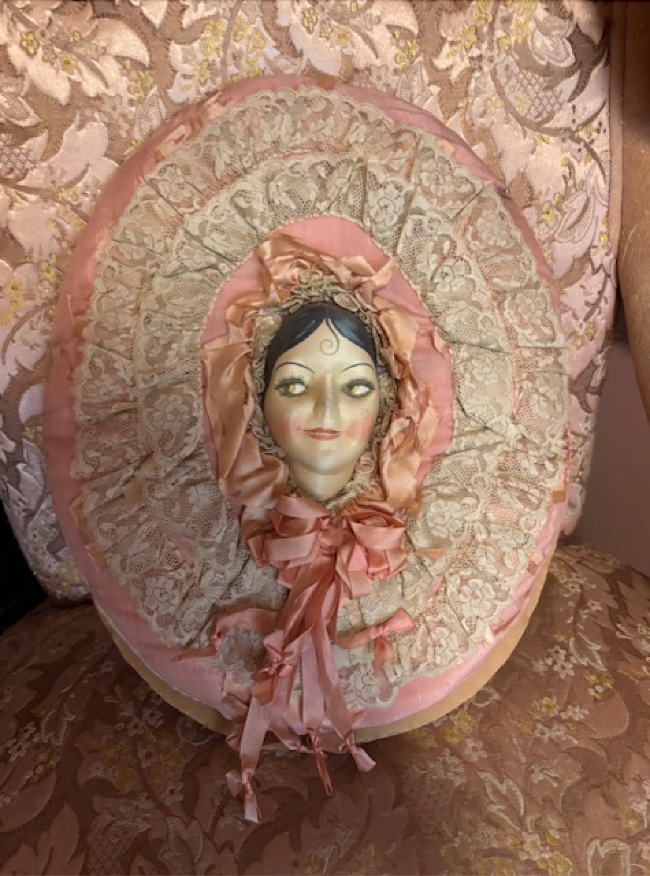 Naughty Boudoir Doll Face Ribbonwork  Pillow 1920's authentic "Smile Face"