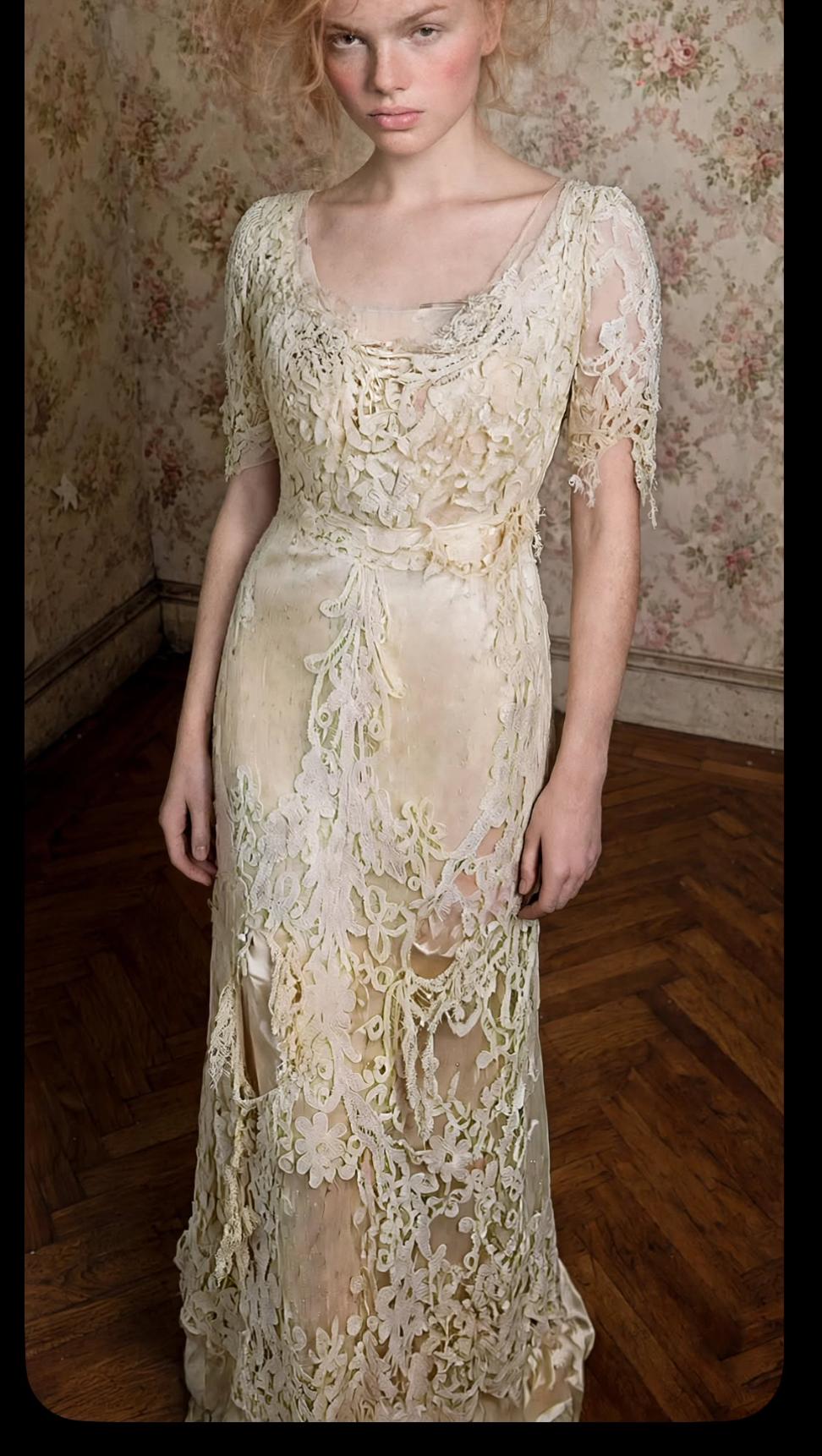 Historical History added Broken Bride Bride Belgian Tape Lace Evening Gown labeled "Kate Ker Lane, Victoria House, 1 Kensington High St. W"