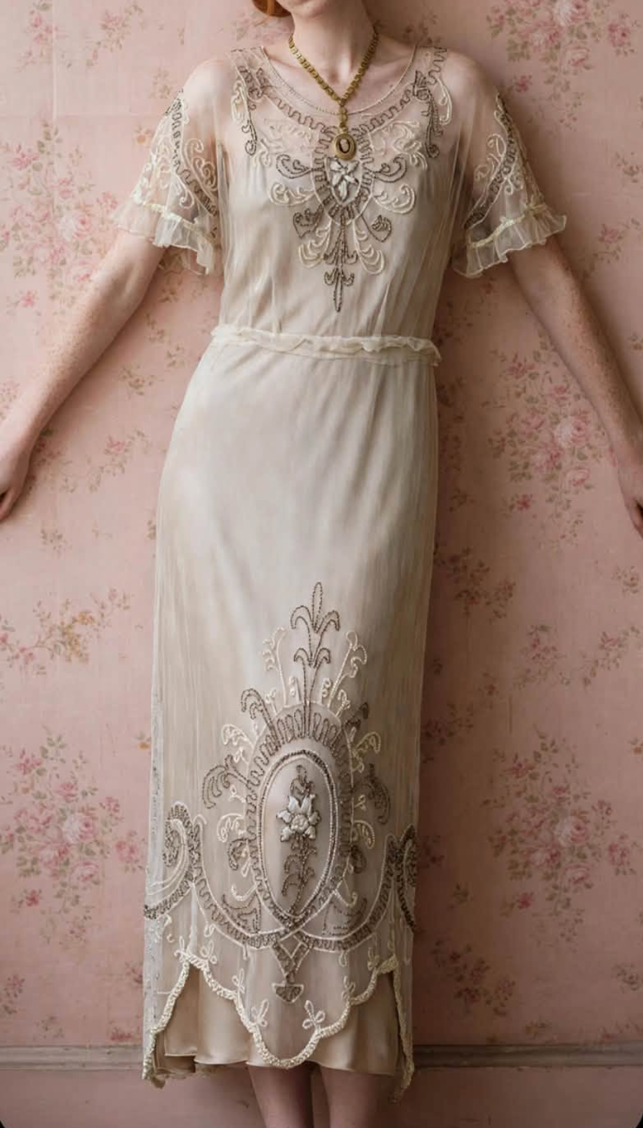 Edwardian c.1910's Ivory Floral Embroidered Beaded Mesh Tabard Overdress  Edwardian