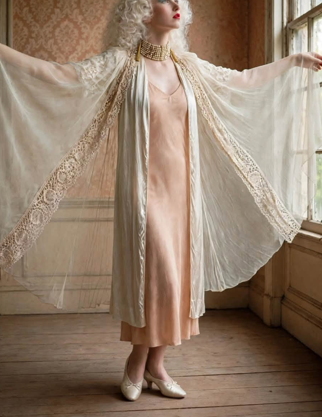 Silk chiffon Cape Peignoir / Angel-Wing Robe M Color Butter
