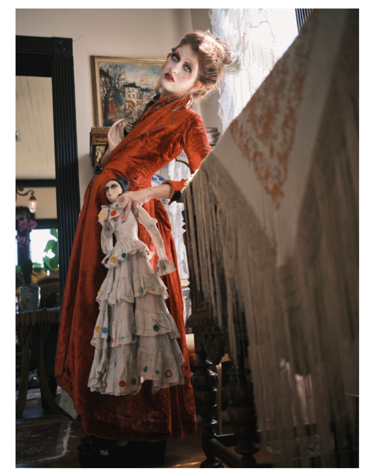 POPPY 1883 Poppy Red Silk Velvet Tailored Polonaise Cuirass Bustle Dress with Jet Buttons - Wired Crinolette