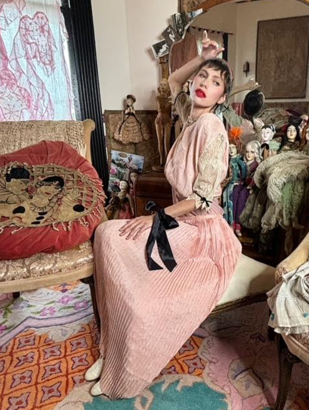 SOLD Hollywood Babylon Gish Set Fortuny Style Pink Rosette and Black Ribbon Edwardian Dress set