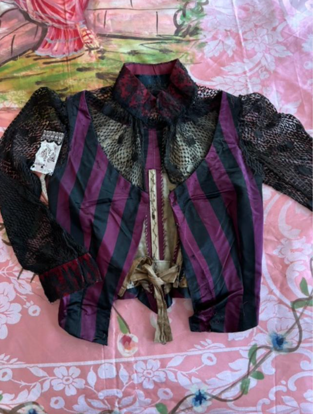 SOLD Saloon Girl Storyville Victorian Silk Striped Bodice Mesh Sleeves and Chest As Found Wearable