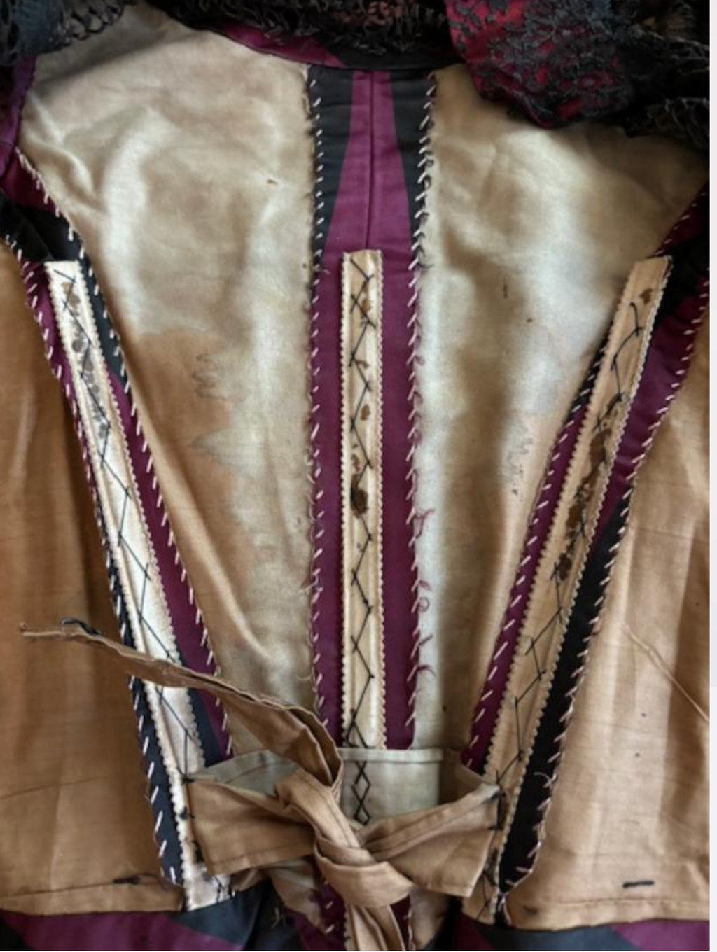 SOLD Saloon Girl Storyville Victorian Silk Striped Bodice Mesh Sleeves and Chest As Found Wearable