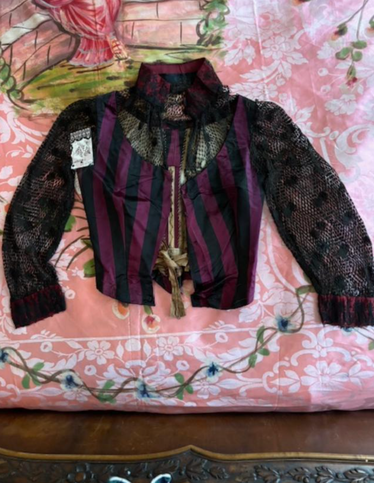 SOLD Saloon Girl Storyville Victorian Silk Striped Bodice Mesh Sleeves and Chest As Found Wearable