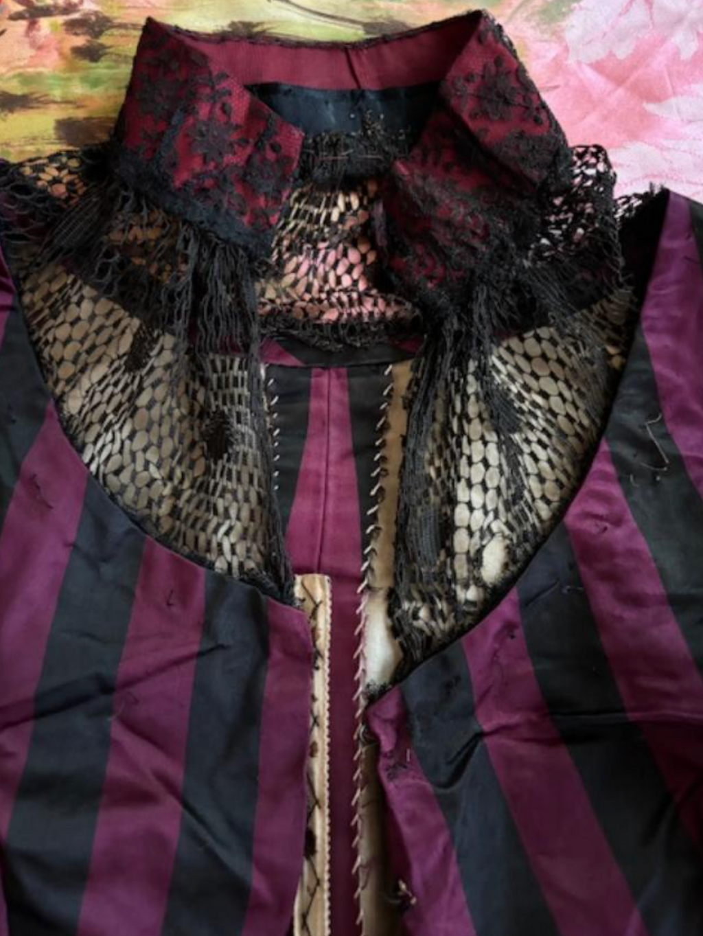 SOLD Saloon Girl Storyville Victorian Silk Striped Bodice Mesh Sleeves and Chest As Found Wearable