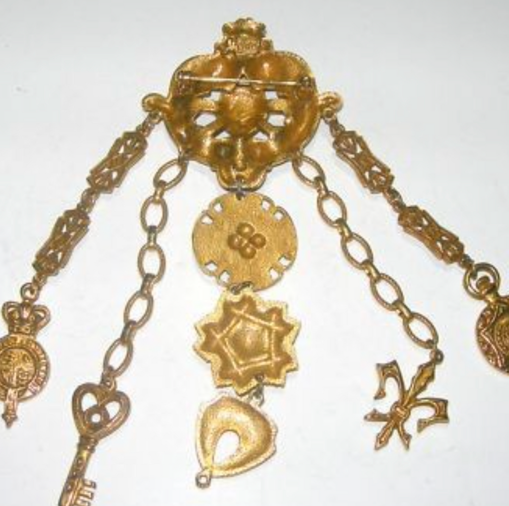 Authentic 1940s Rare Chatelaine Style Signed Coro Pegasus Mark Brooch Key Fleur De Lis