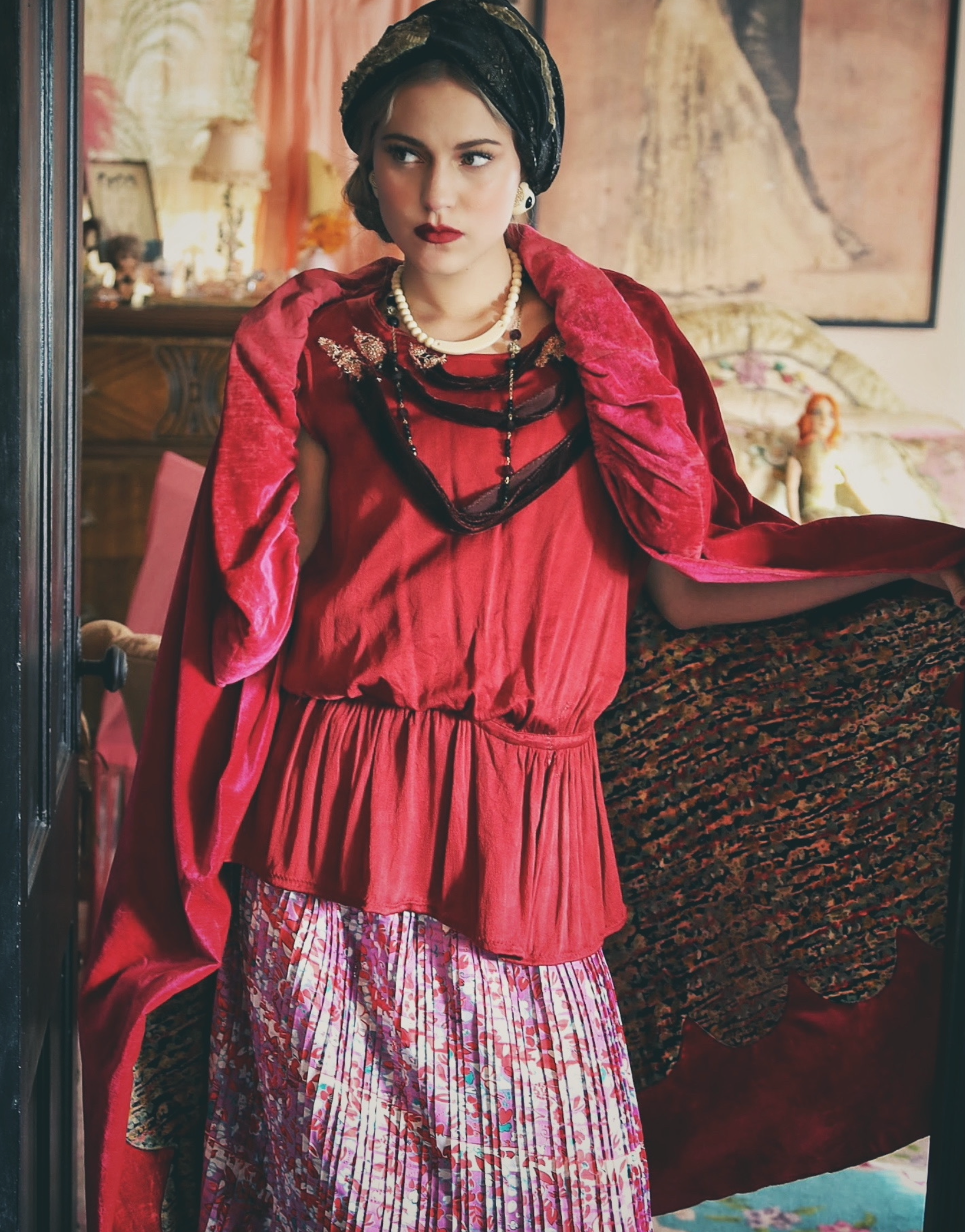 SOLD New Satine Blouse in Rouge Tulip Sleeve Boudoir Queen