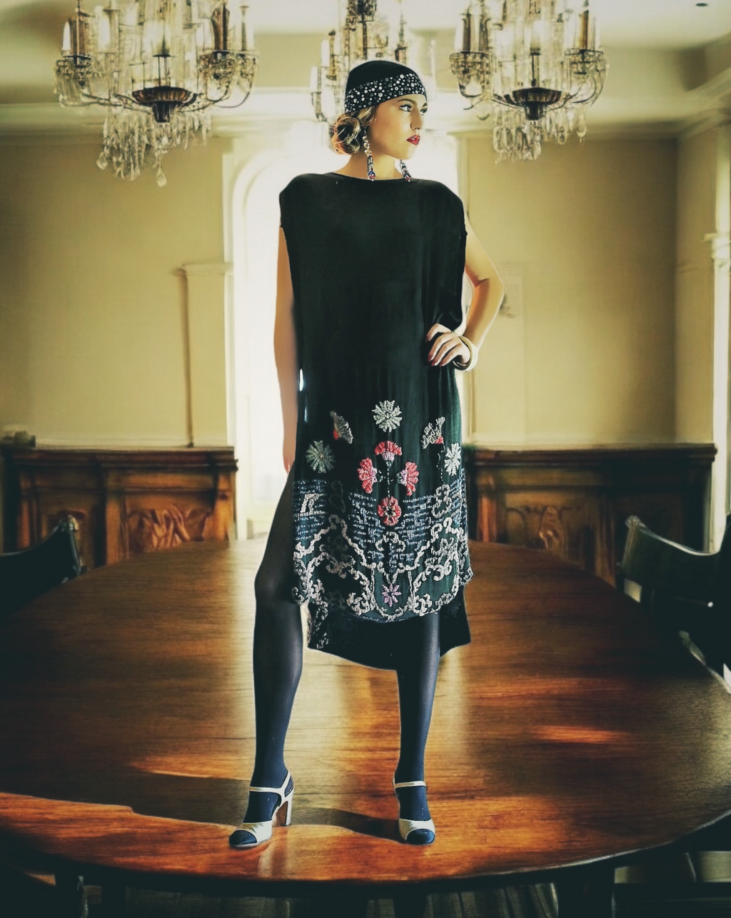 Authentic 1920's Heavily Beaded Flower Tabard Dress