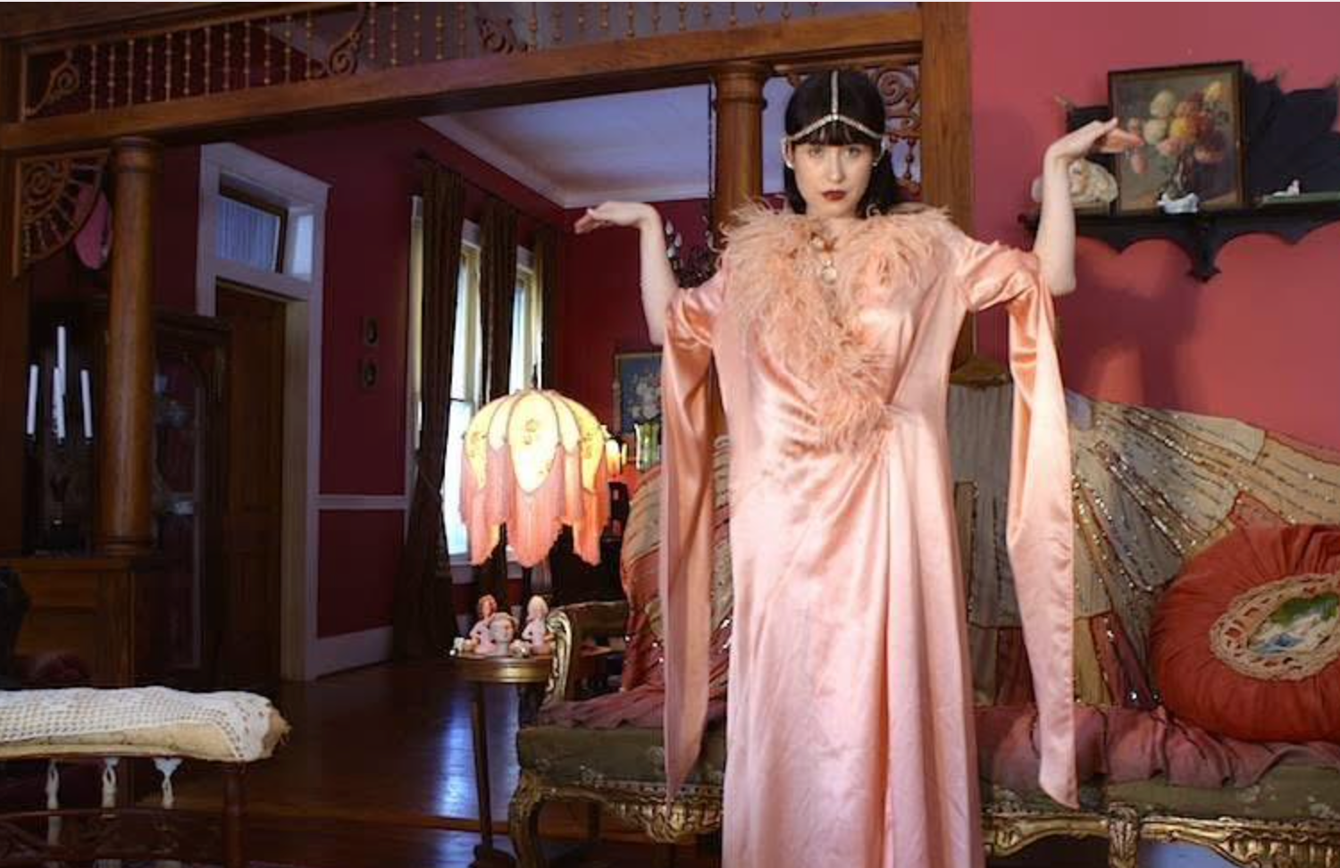 sold ~Rare Early 1920's Bat Winged Silent Screen Era Peignoir wit Ostrich Feathers as-is Silk