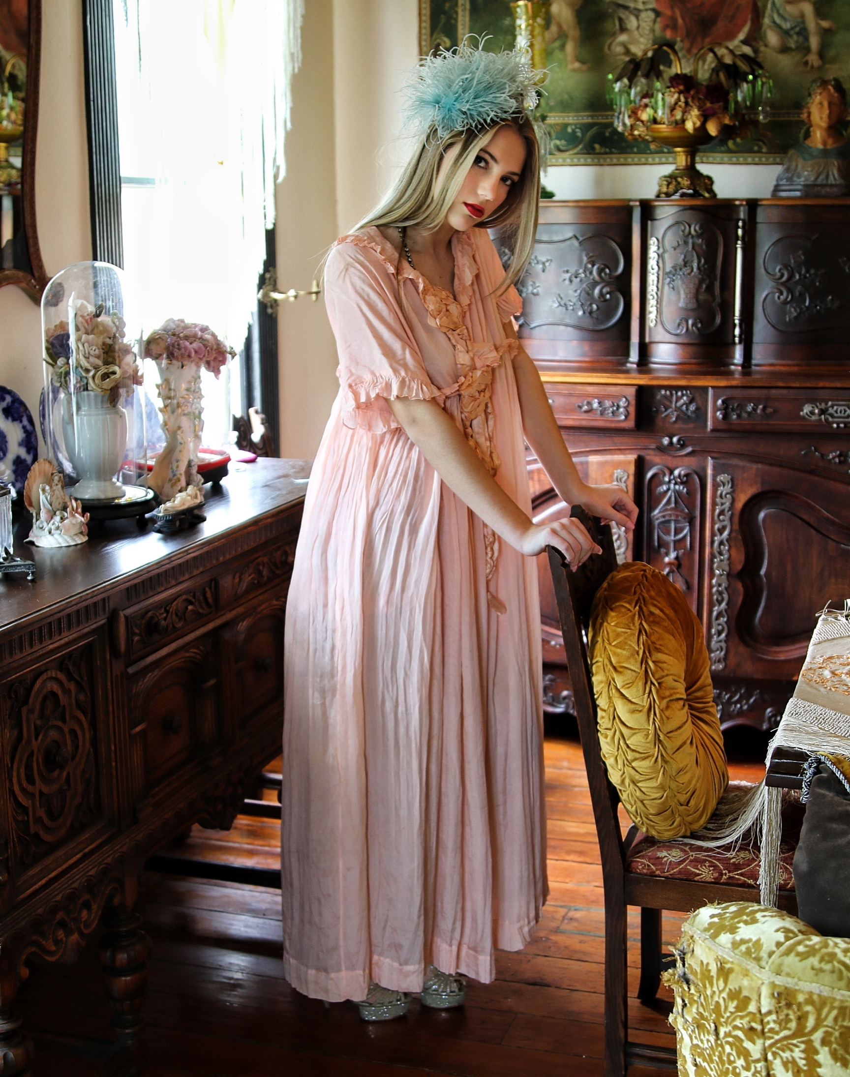 SOLD Gorgeous Blush Large  Ribbonwork 1920's Duster Oil Robe