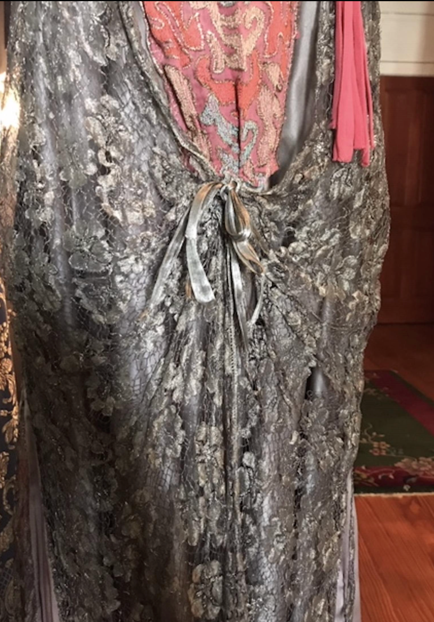 Drop Waist Deco Authentic 1920's Silver Antique Metallic Lace Dress