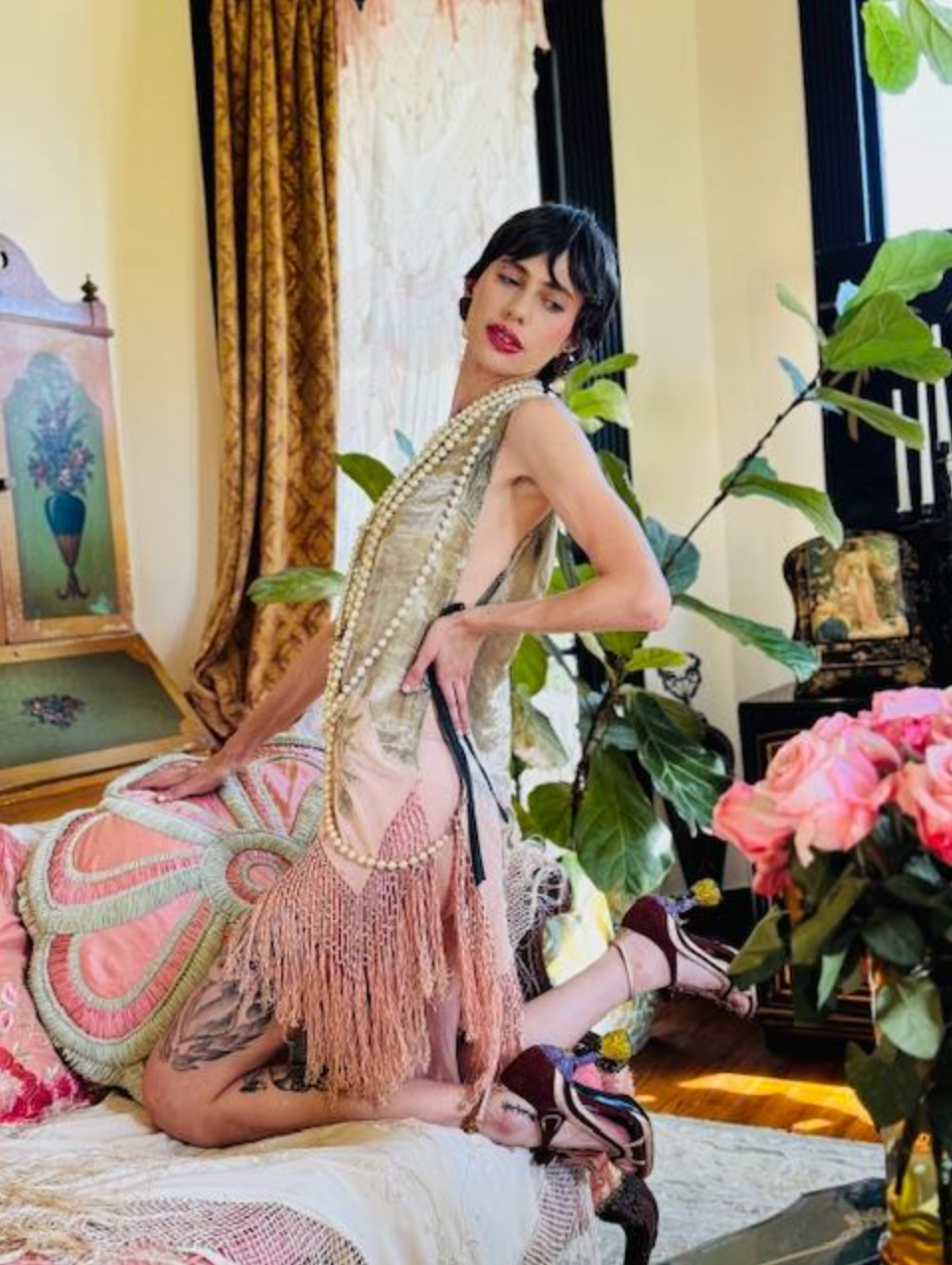 SOLD Boudoir Queen Lame' Tabard with Pale Pink Deco fringe Dress, Top or Layering Piece