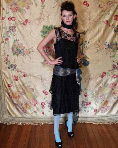1920's Black Lace Drop Waist Gown with Large Lamé sash Gorgeously Divine!