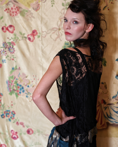 1920's Black Lace Drop Waist Gown with Large Lamé sash Gorgeously Divine!