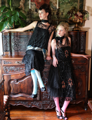 1920's Black Lace Drop Waist Gown with Large Lamé sash Gorgeously Divine!