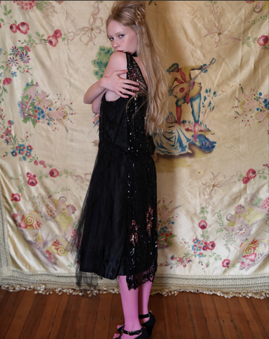 SOLD 1920's Gelatin Sequins Flapper dress Gobs of netting Punk Flapper!