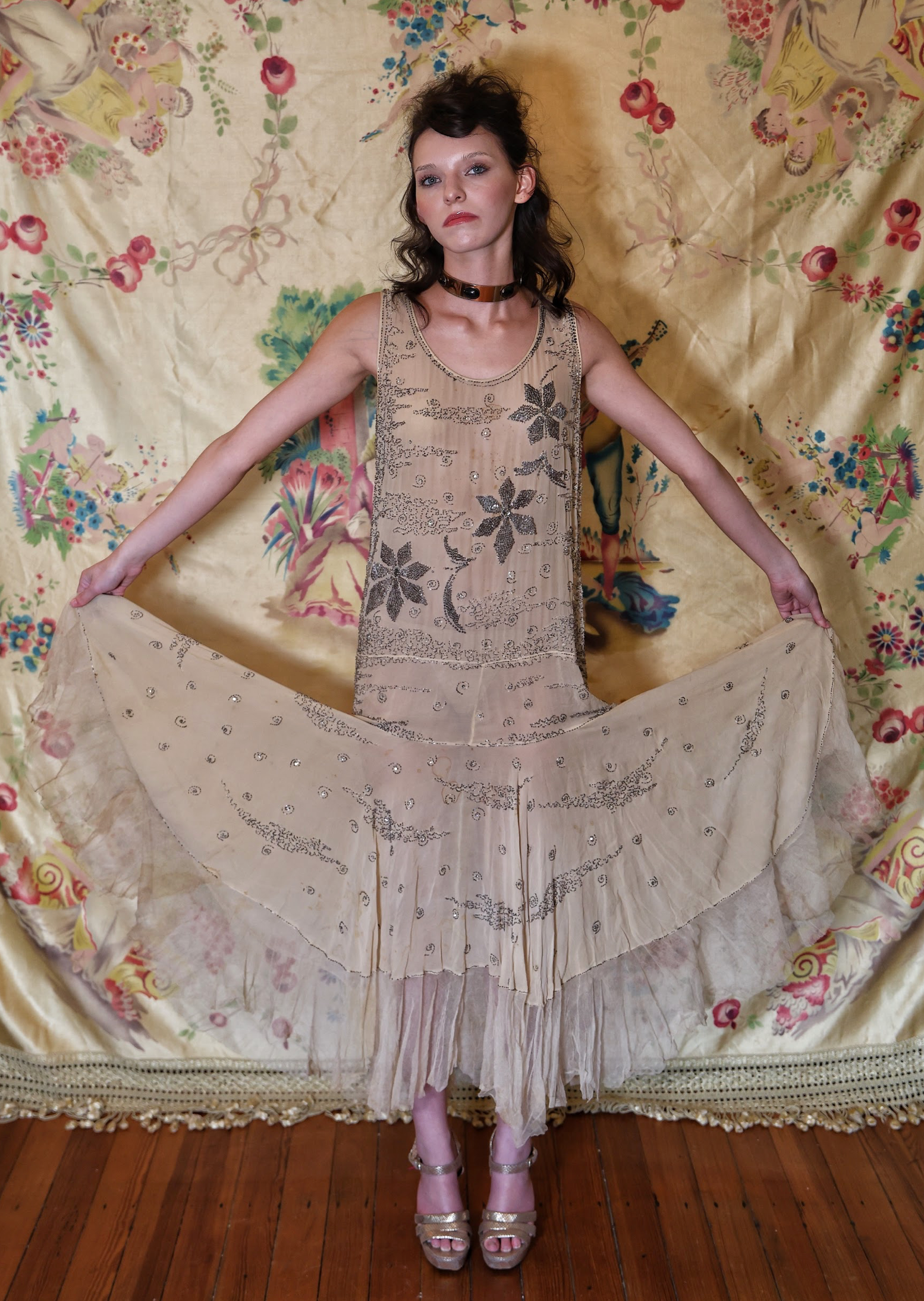 Authentic 1920's Beaded Drop Waist Rhinestone Silk Dress as-is