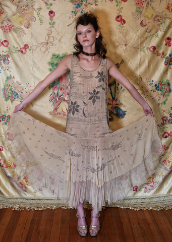Coming Soon Pre-Sale 20's Beaded Drop Waist Rhinestone Silk Dress as-is