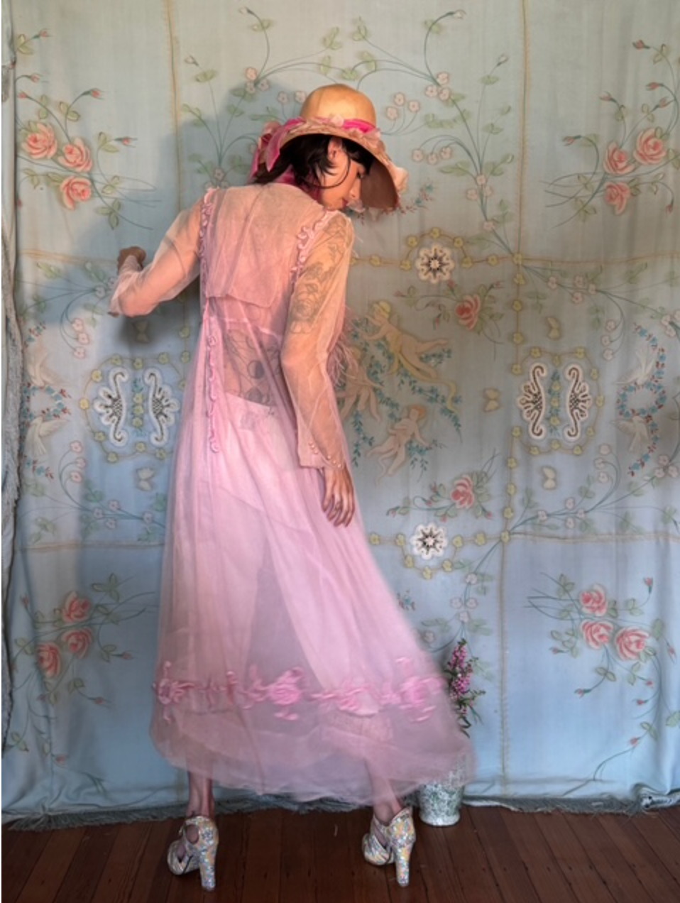 SOLD PRE ORDER Palest Pink Net Edwardian Tea Gown Satin Stitch