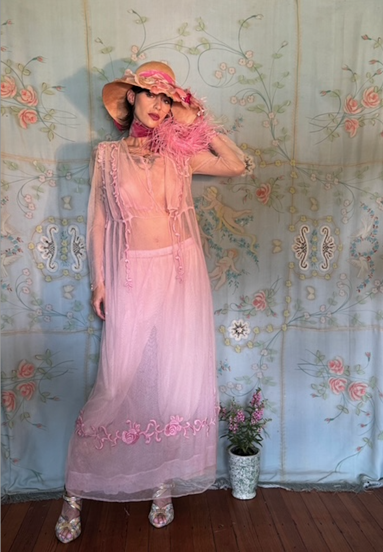 SOLD PRE ORDER Palest Pink Net Edwardian Tea Gown Satin Stitch