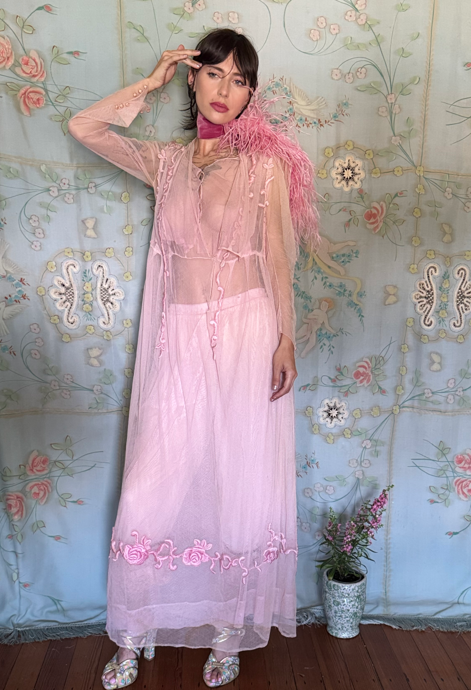 SOLD PRE ORDER Palest Pink Net Edwardian Tea Gown Satin Stitch
