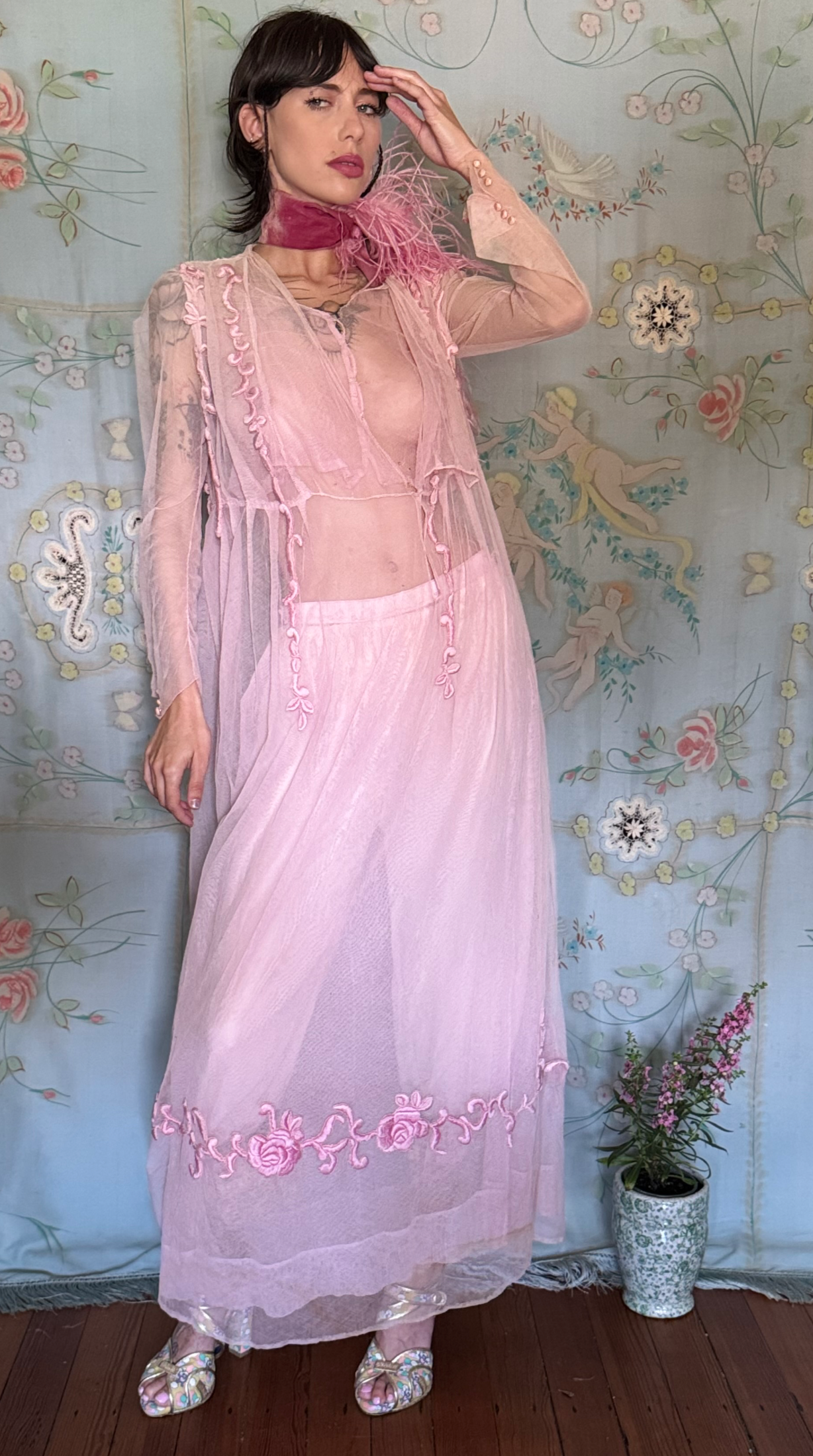 SOLD PRE ORDER Palest Pink Net Edwardian Tea Gown Satin Stitch