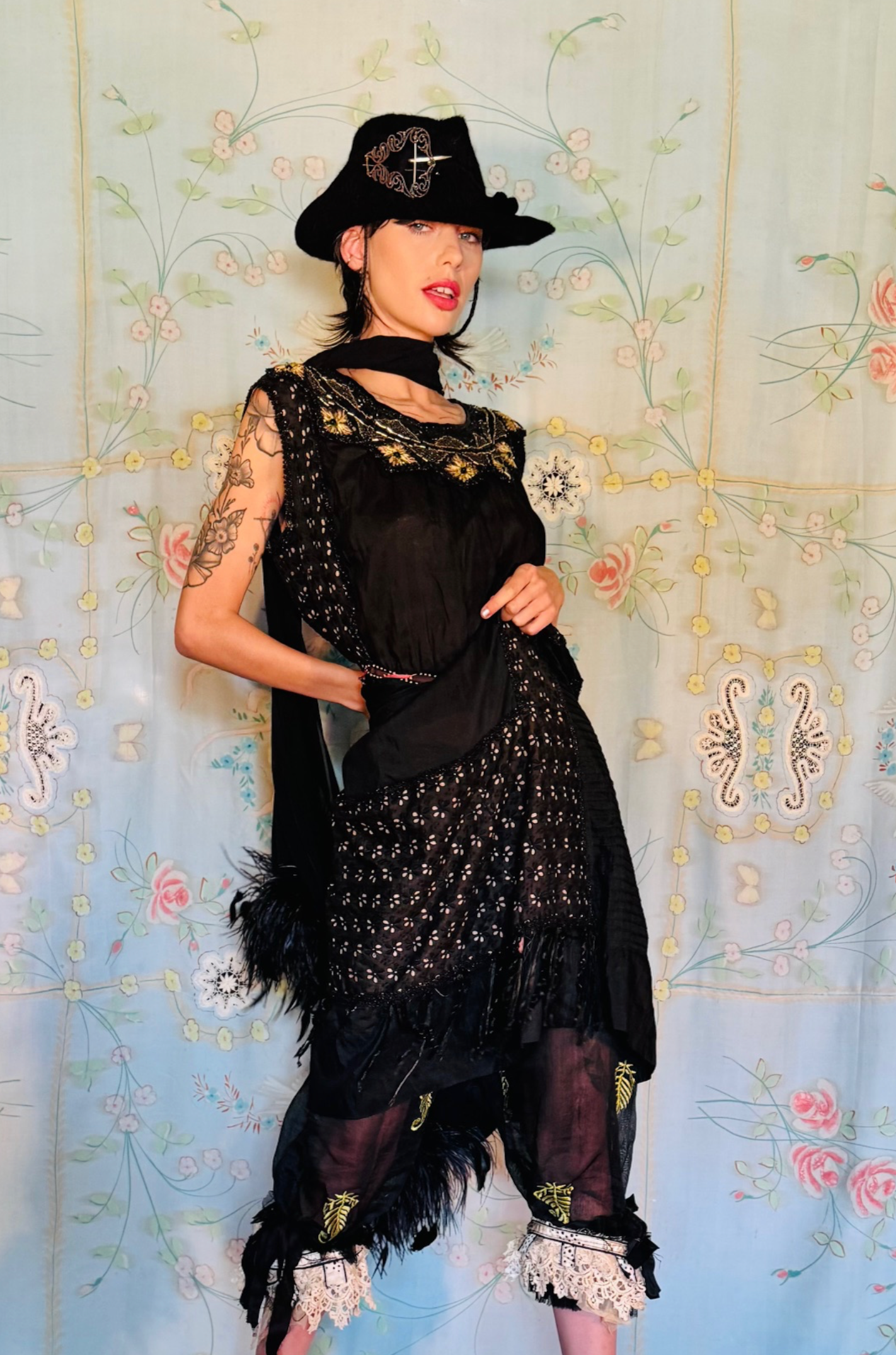 Sold Organdy with Fern in Black Victorian ruffled Lace Bloomers
