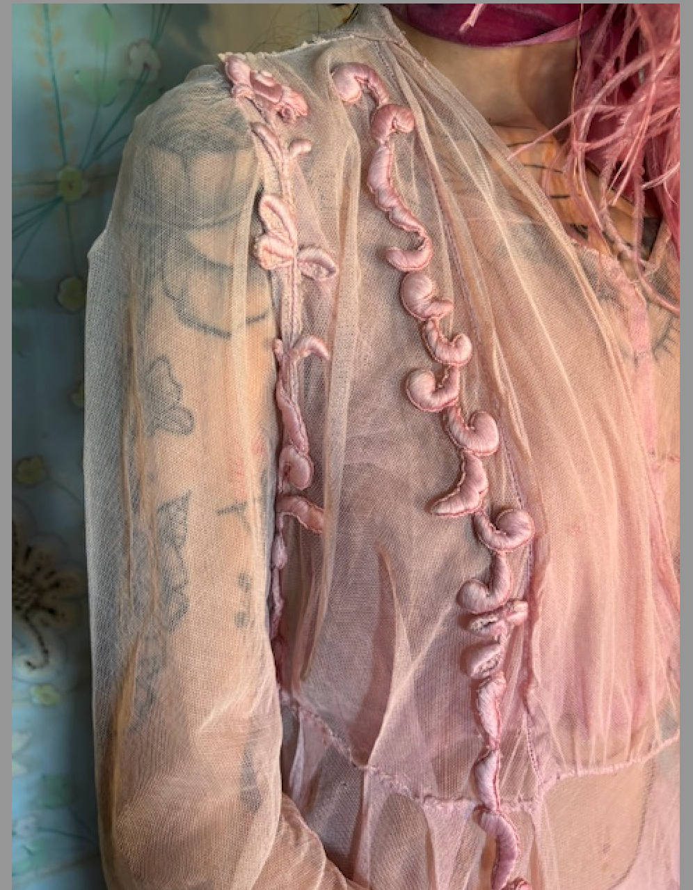 SOLD PRE ORDER Palest Pink Net Edwardian Tea Gown Satin Stitch