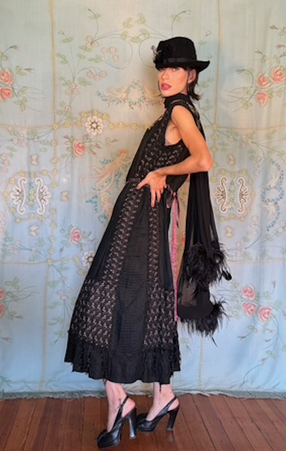 SOLD Edwardian Eyelet, Jet Green Jewel encrusted Embroidered Fringe Edwardian Gown