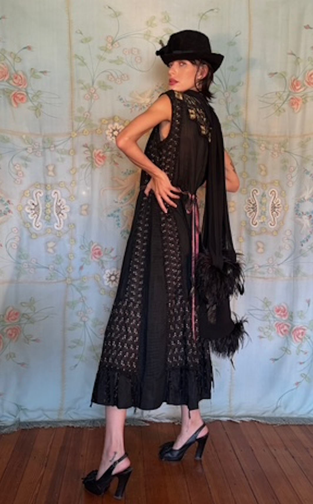 SOLD Edwardian Eyelet, Jet Green Jewel encrusted Embroidered Fringe Edwardian Gown