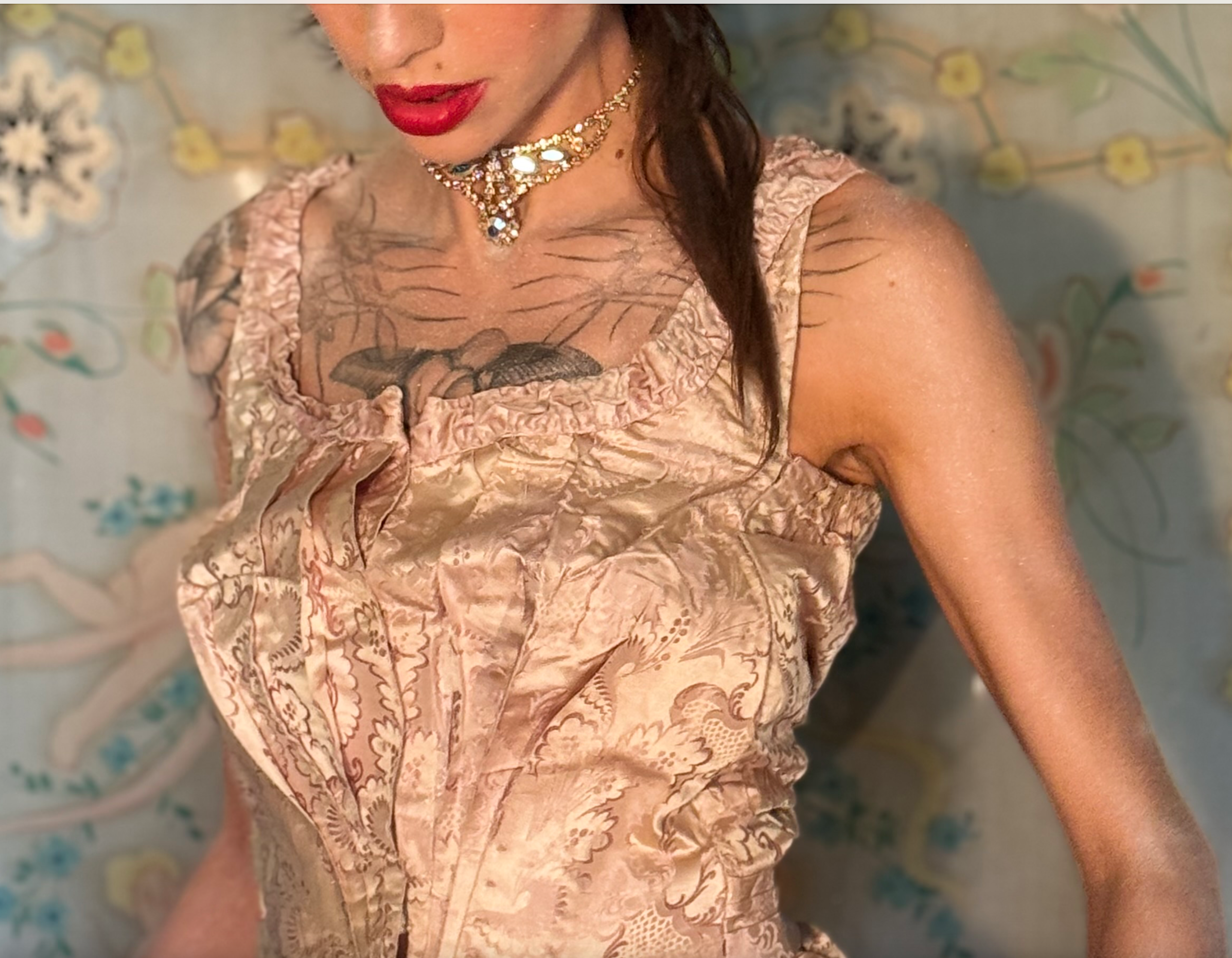 Victorian Authentic 1880’S 2 Pc Silk Brocade Bustle Back Dress Velvet Trim- as is larger size