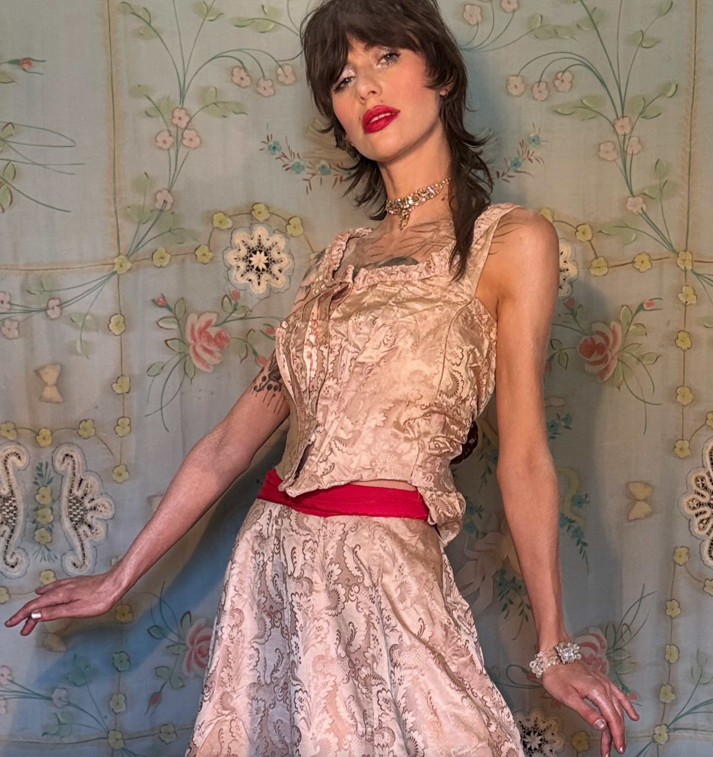 Victorian Authentic 1880’S 2 Pc Silk Brocade Bustle Back Dress Velvet Trim- as is larger size