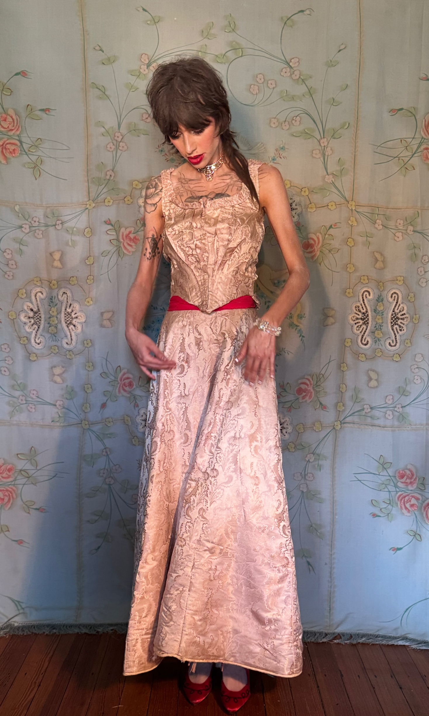 Victorian Authentic 1880’S 2 Pc Silk Brocade Bustle Back Dress Velvet Trim- as is larger size