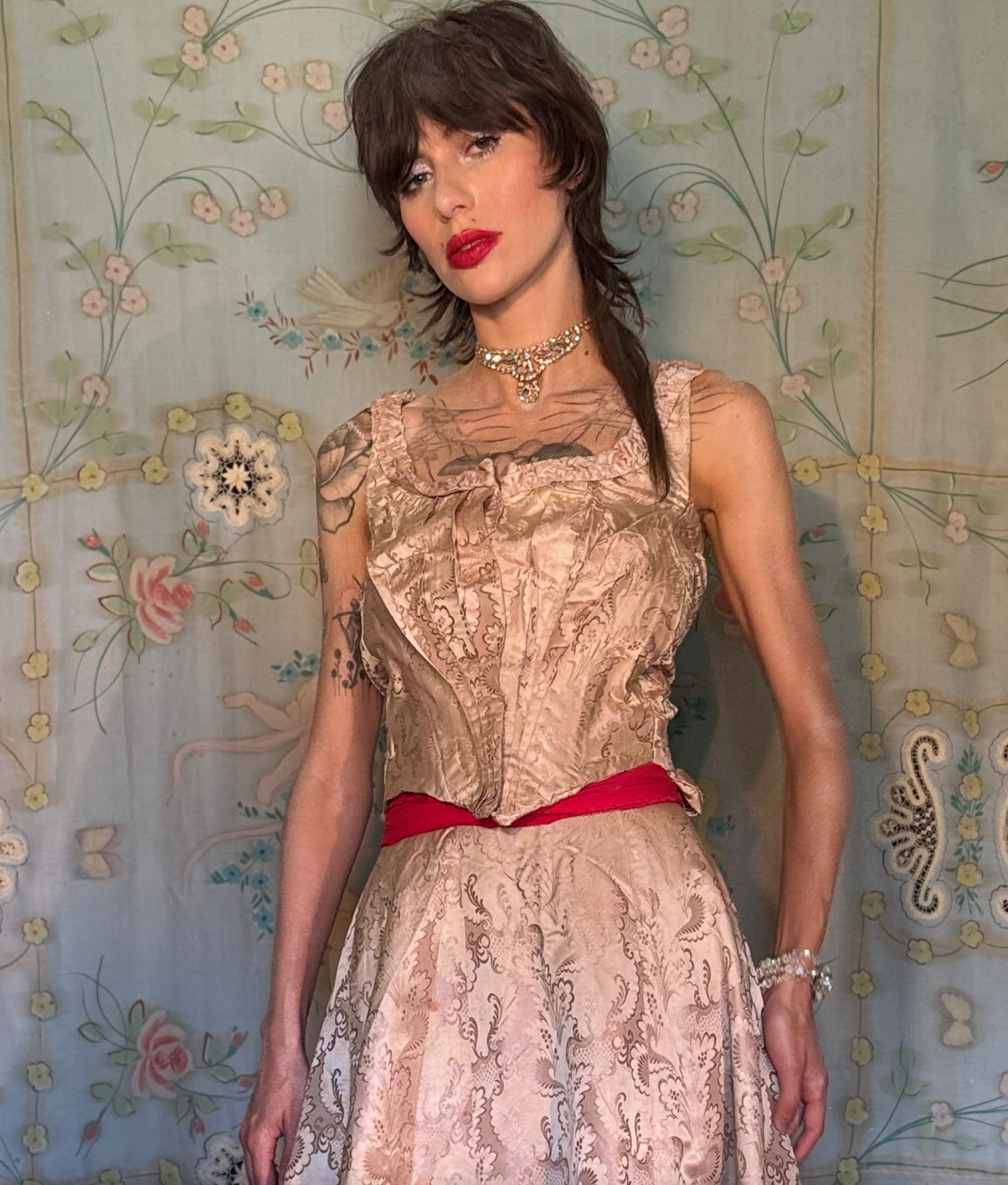 Victorian Authentic 1880’S 2 Pc Silk Brocade Bustle Back Dress Velvet Trim- as is larger size
