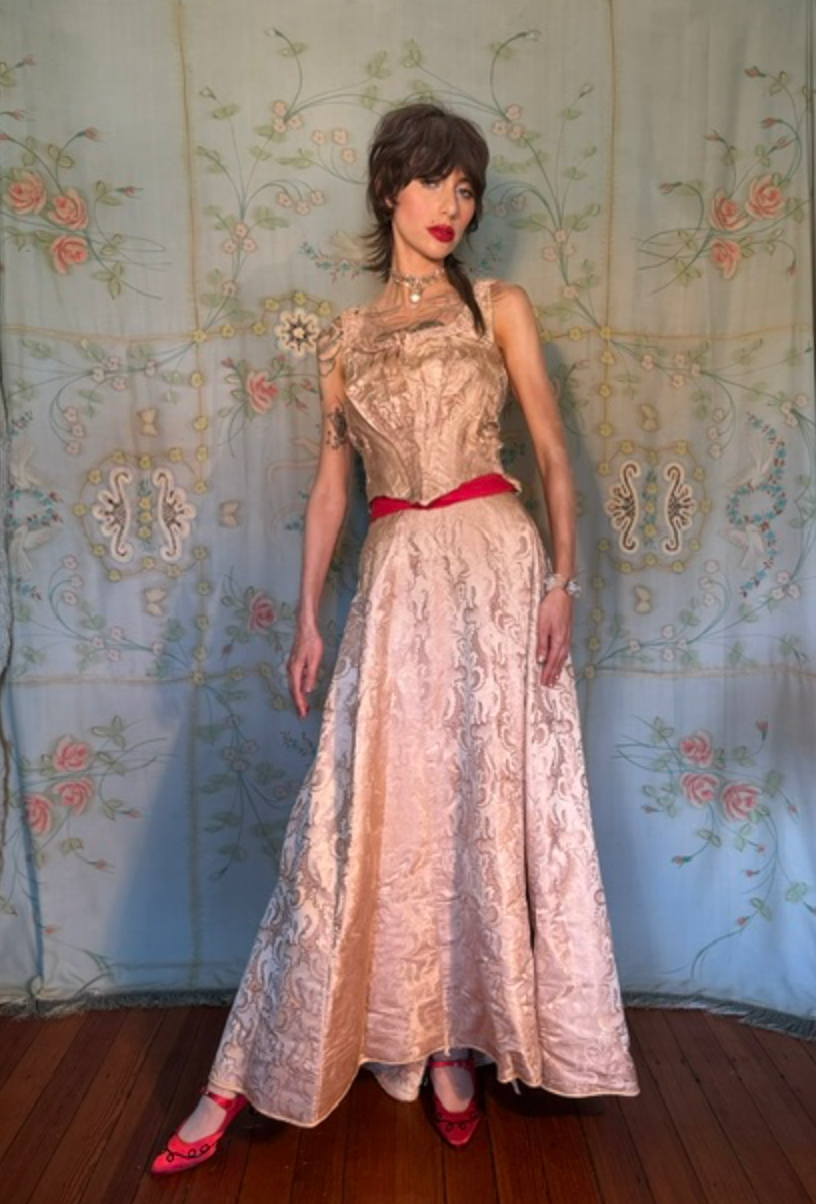 Victorian Authentic 1880’S 2 Pc Silk Brocade Bustle Back Dress Velvet Trim- as is larger size