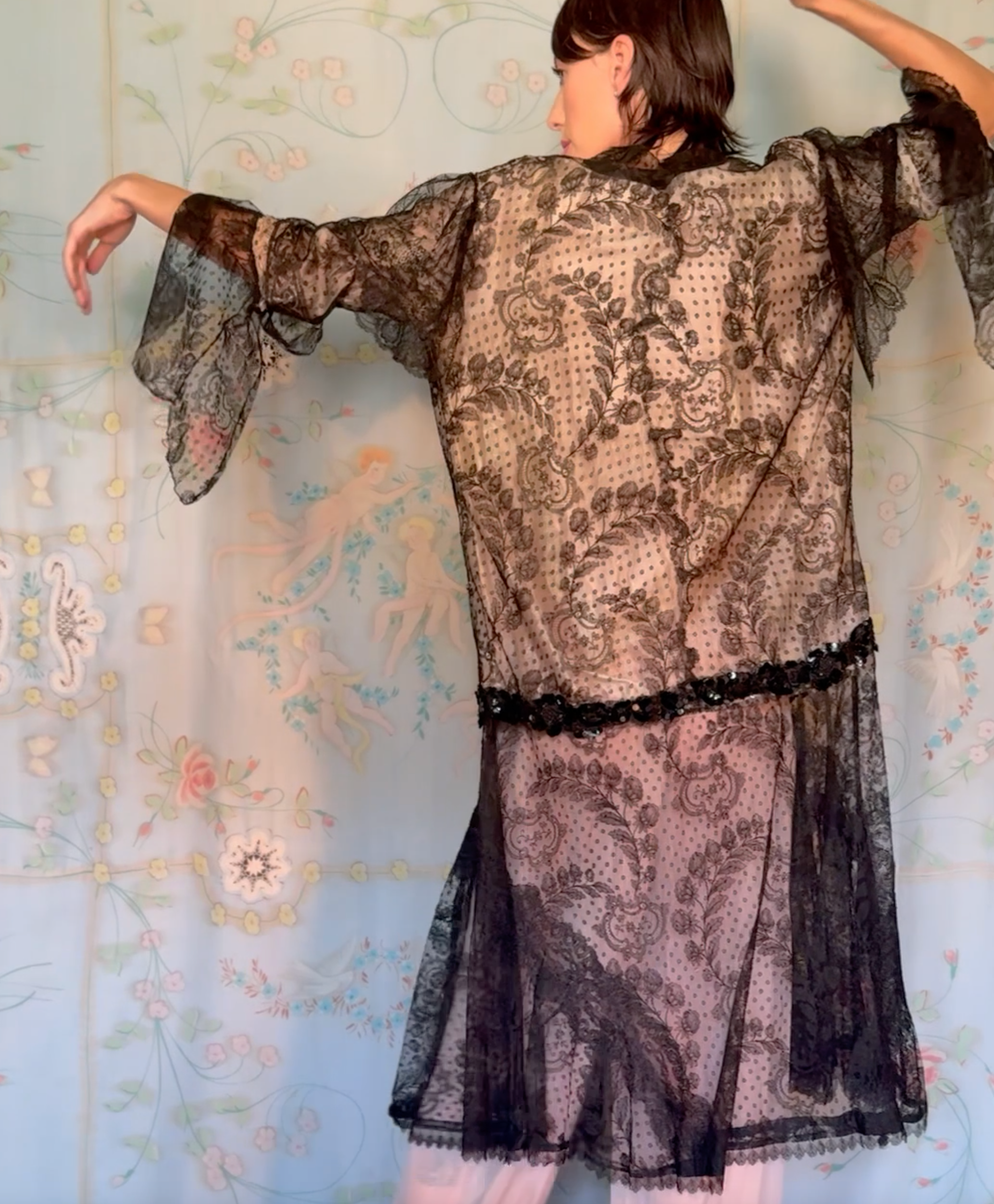 SOLD Rare Chantilly Lace and Gelatin Sequin Peignoir Antique