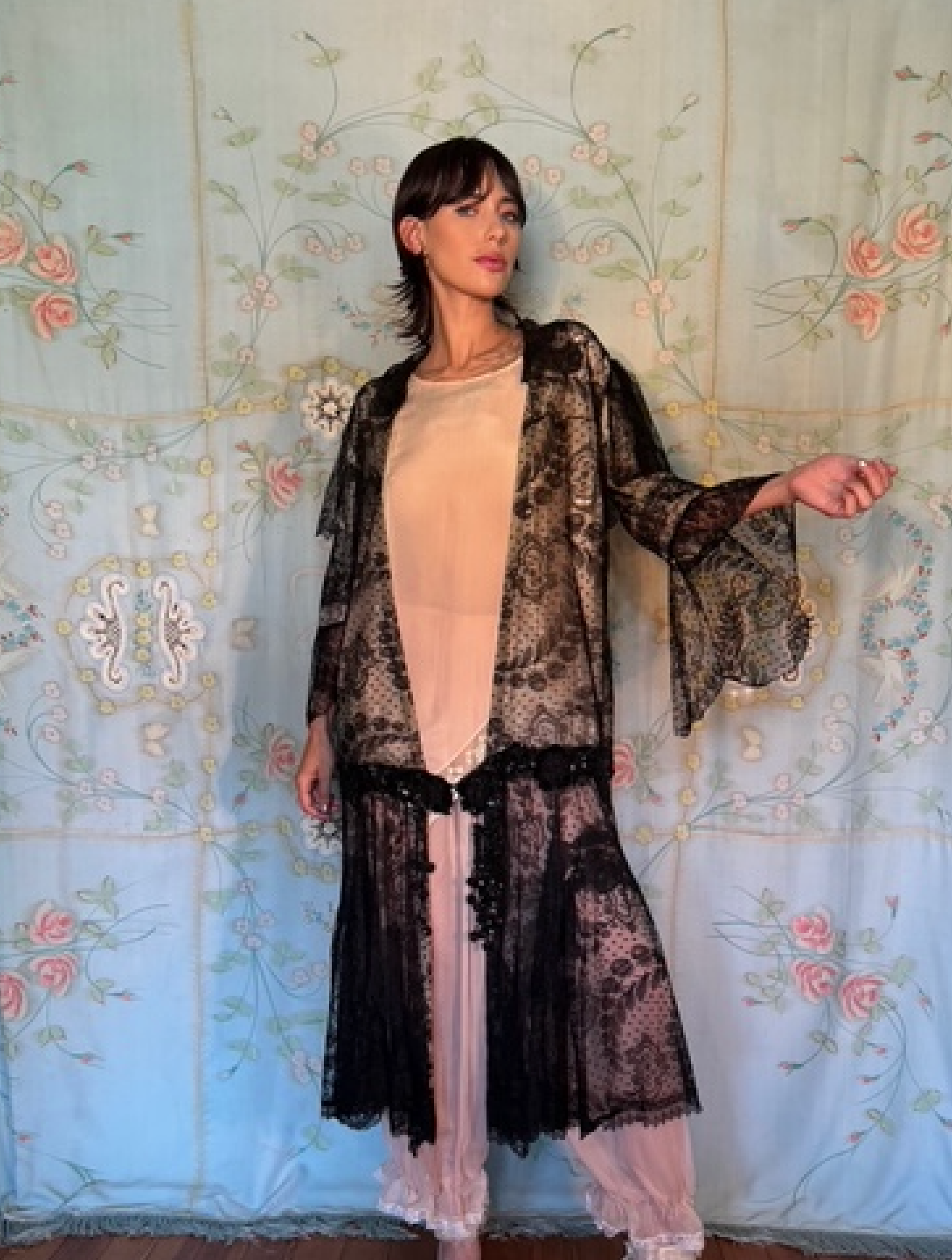 SOLD Rare Chantilly Lace and Gelatin Sequin Peignoir Antique