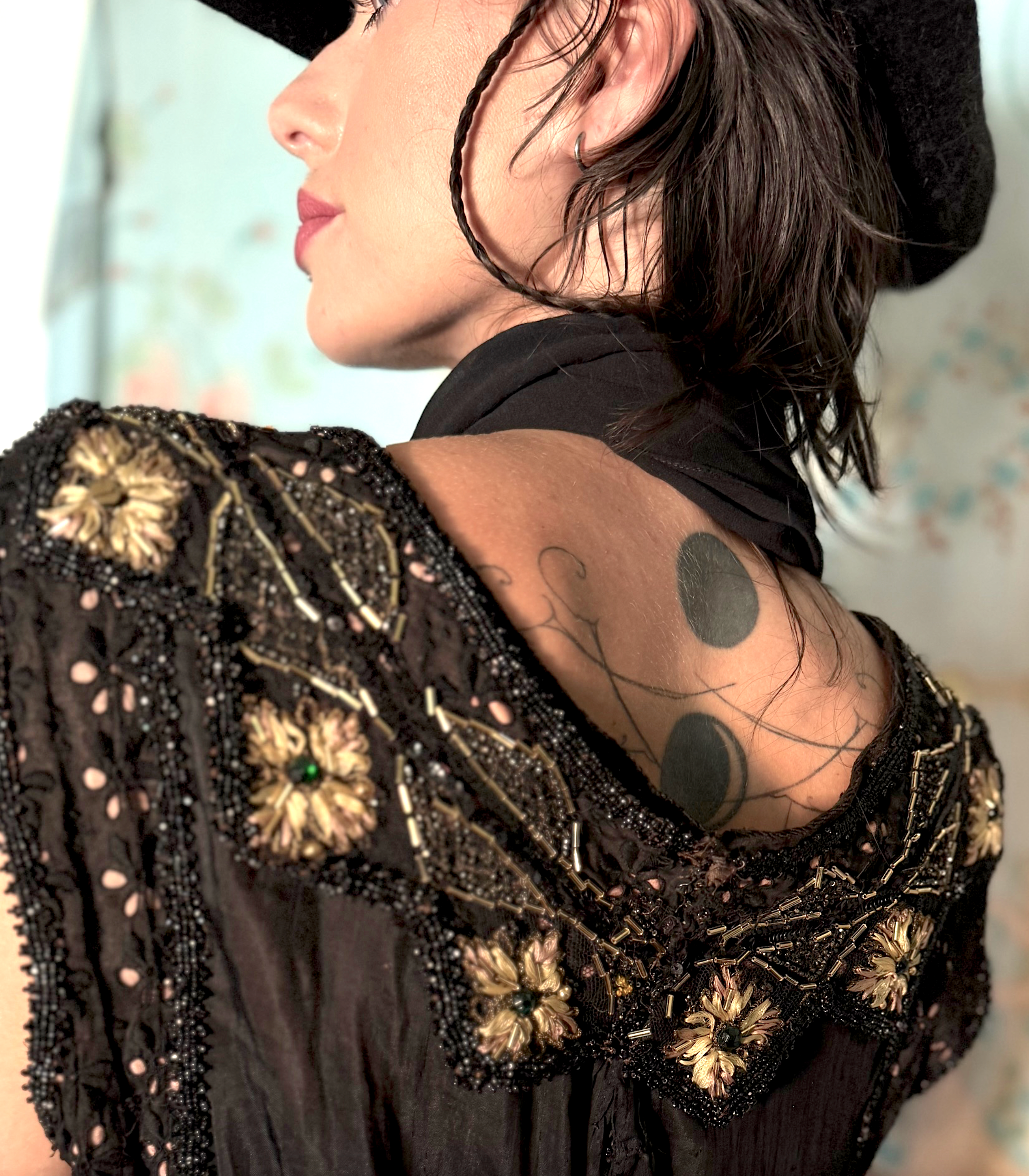 SOLD Edwardian Eyelet, Jet Green Jewel encrusted Embroidered Fringe Edwardian Gown