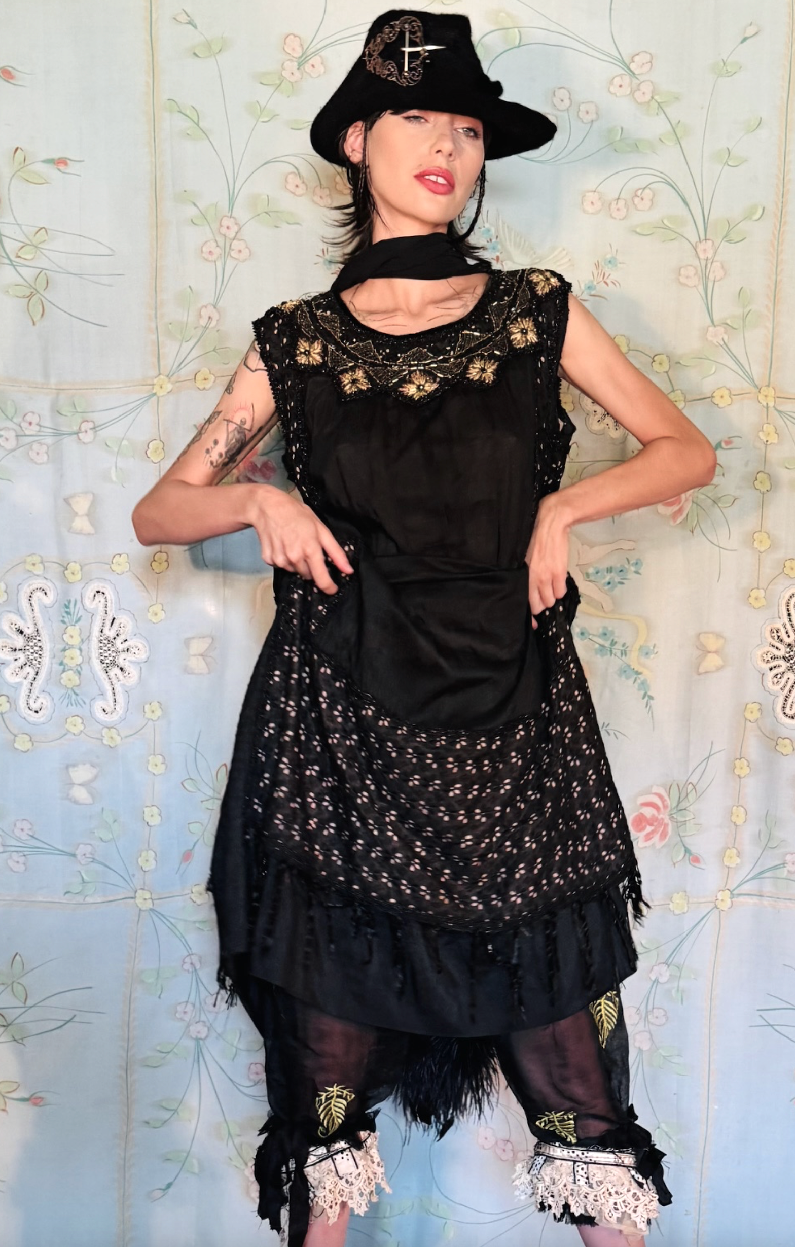 Sold Organdy with Fern in Black Victorian ruffled Lace Bloomers